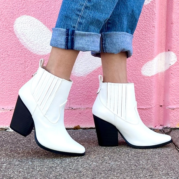 White Vegan Leather Cowboy Ankle Boots - Picture 2 of 13